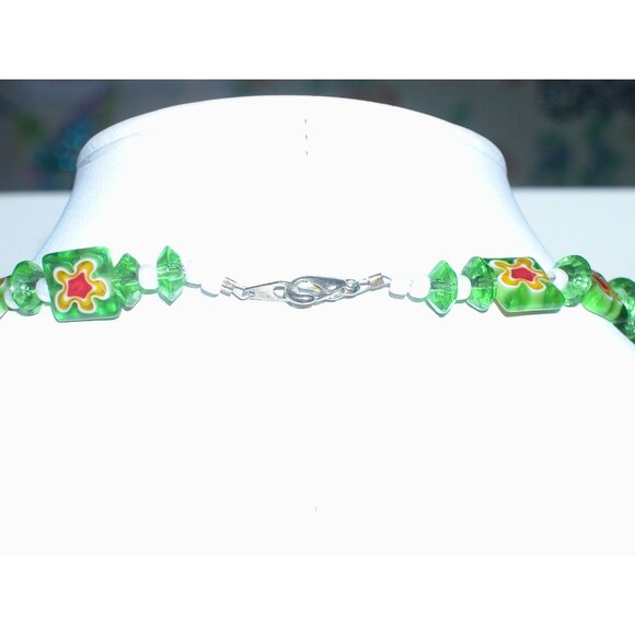 Handcrafted Millefiori Glass & Metal Turtle Pendant Necklace With Green & White - Picture 5 of 6